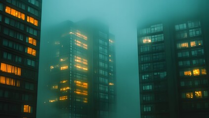 Foggy night cityscape with illuminated apartment buildings