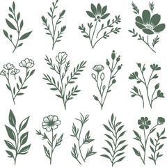 Twelve floral illustrations, green leaves and flowers.