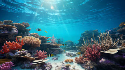 Obraz premium Underwater view of a colorful sea coral reef with fishes. Underwater