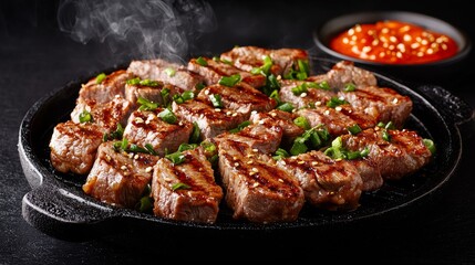 Deliciously grilled steak slices garnished with green onions served on a sizzling platter with spicy sauce.