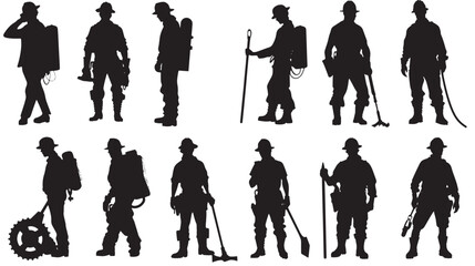 Twelve silhouetted workers with tools.