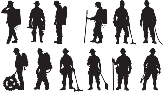 Twelve silhouetted workers with tools.