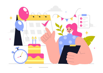 Event Planner Vector Illustration featuring Party Decorations, Scheduling, Time Management, Business Agenda, and a Calendar in a Flat Style Background