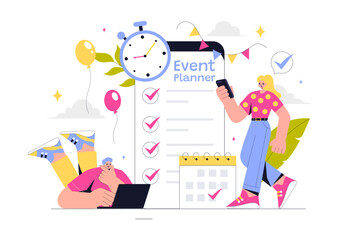 Event Planner Vector Illustration featuring Party Decorations, Scheduling, Time Management, Business Agenda, and a Calendar in a Flat Style Background
