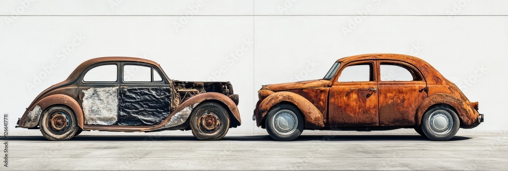 Aufkleber comparison of a dented, rusted car with a beautifully restored vehicle, showcasing contrasting condi