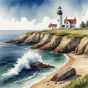 watercolor illustration of Jamestown, Rhode Island, featuring Beavertail State Park