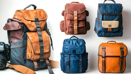 Stylish backpacks, various colors, studio backdrop, cameras, travel gear