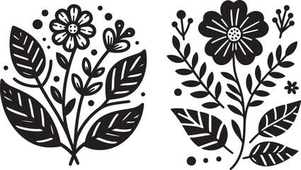 Two floral designs, black silhouettes on white.