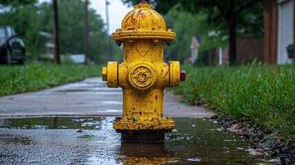 Yellow fire hydrant standing on a wet sidewalk amidst a rainy suburban neighborhood scene