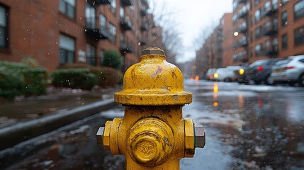 Yellow fire hydrant in a rainy urban street with apartment buildings and parked cars in background