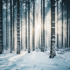 Fototapeta premium Sunlit winter forest, snow-covered trees, serene landscape -ai