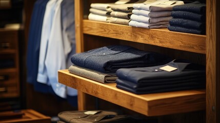 Luxury Men's Shirts on Wooden Shelves