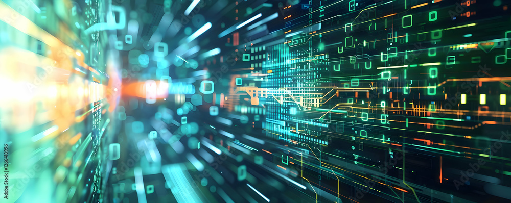Fototapete Abstract digital data flow with glowing lines and binary code in a futuristic setting