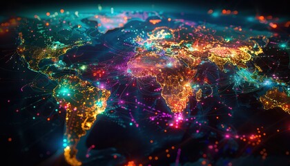 Wonderful futuristic international telecommunication network, concept about global information, background with abstract dynamic gradient line flows connecting cityspace around the world