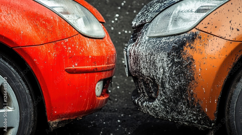 Poster comparison of a scratched dirty car with a shiny polished car showing the impact of maintenance and 