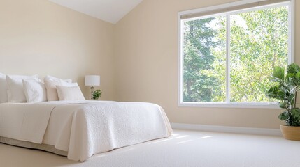 Fototapeta premium Empty bedroom with window and greenery view. Interior shot. Possible use for real estate