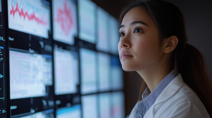 healthcare professional attentively analyzes patient data on multiple digital screens, focusing on graphs and charts in modern medical setting