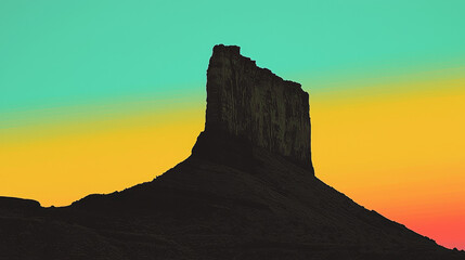 Silhouetted mesa against a vibrant, multicolored sunset sky -ai