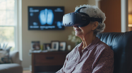 elderly woman wearing virtual reality goggles sits in cozy living room, engaging with technology. medical scan is visible on screen in background, suggesting telemedicine session