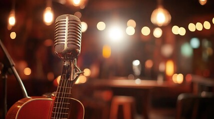 Vintage mic & guitar on stage, pub background, live music