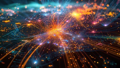 Naklejka premium Wonderful futuristic international telecommunication network, concept about global information, background with abstract dynamic gradient line flows connecting cityspace around the world