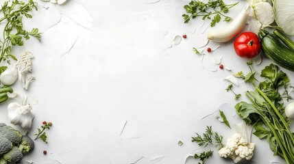 A fresh arrangement of vegetables and herbs surrounds a blank space, perfect for culinary presentations or recipe design.