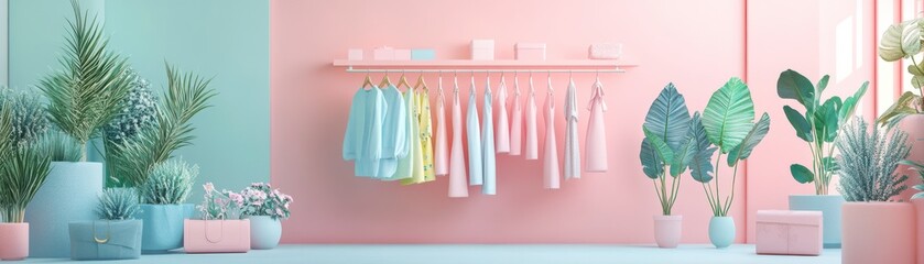 A bright, stylish room featuring pastel-colored clothing hanging on a rack, surrounded by lush green plants against a soft pink and blue backdrop.