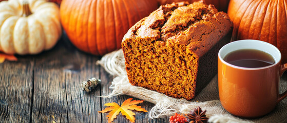 Pumpkin bread, tea, and pumpkins on rustic wood -ai