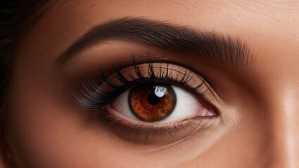 Fototapeta premium Close-up shot of an expressive brown eye with long lashes and well-defined eyebrows for beauty photography 