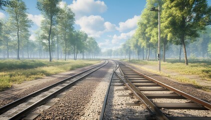 Obraz premium Sunny forest railroad tracks curving into distance