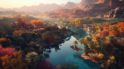 A serene landscape featuring a winding river surrounded by vibrant autumn foliage and majestic mountains in the background.