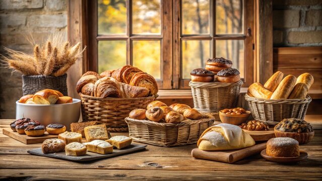 A rustic autumnal arrangement of freshly baked breads and pastries in wicker baskets on a wooden table by a window
