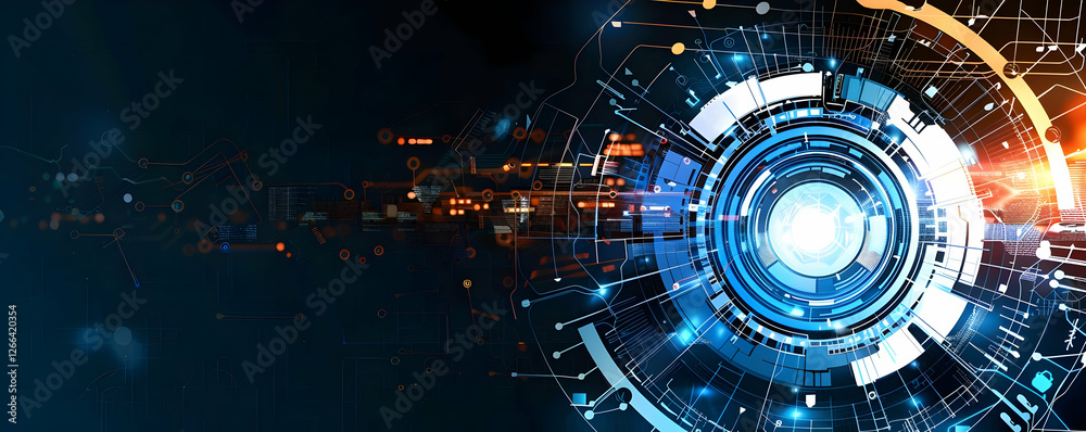 Poster futuristic digital interface with glowing elements and abstract patterns