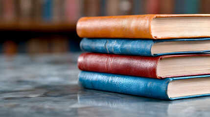 Naklejka premium Stack of antique books on table, library background, education concept