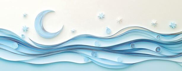 Crafted Colorful Paper Quilling Techniques Textured Layers A serene wave design featuring moon, stars, and flowing lines in calming blue tones.