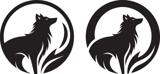 Two stylized wolf silhouettes in oval frames.