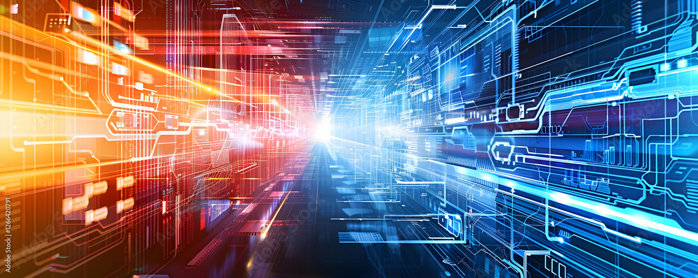 Fototapete Abstract digital technology background with glowing lines and data streams