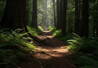 Obraz premium A Tranquil Forest Path Meanders Through a Lush Jungle