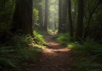 Obraz premium A Tranquil Forest Path Meanders Through a Lush Jungle