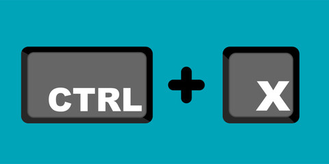 Ctrl X key icon means cut. Clip art vector shortcut isolated on blue background. Keyboard shortcut graphic resource