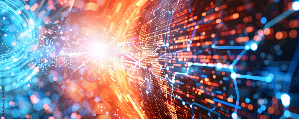 Poster abstract digital wave with glowing lines and particles in a futuristic setting