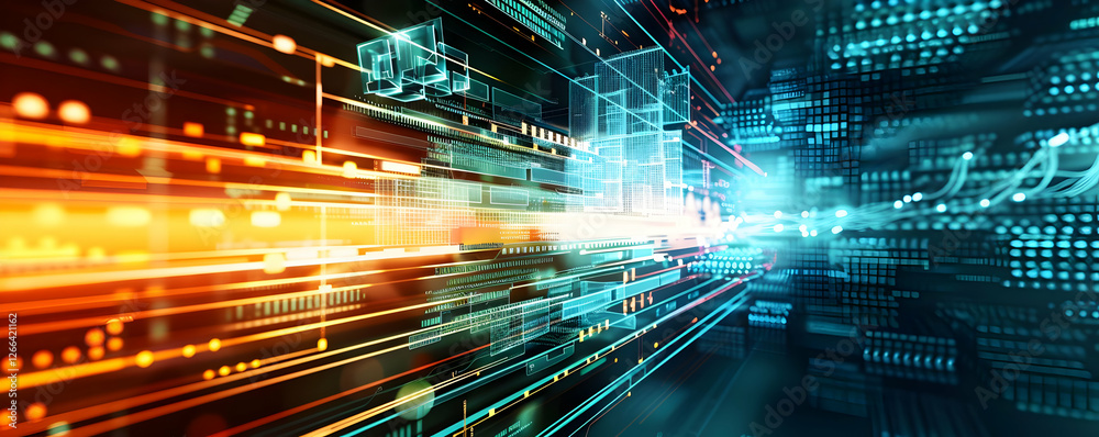 Poster abstract digital background with vibrant lines representing data flow and technology