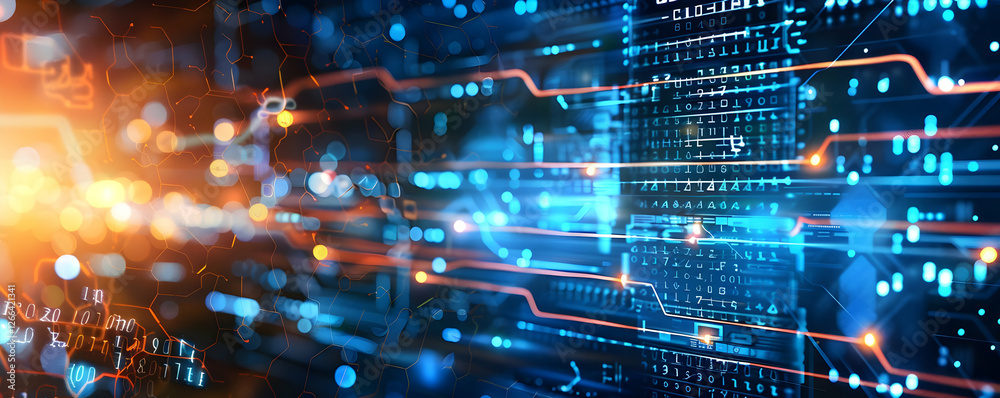 Poster abstract technology background with glowing circuits and data streams
