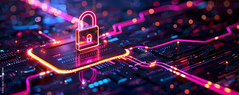 Wall mural digital lock symbolizing cybersecurity on a vibrant circuit board background