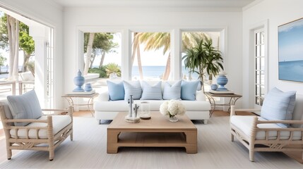 Fototapeta premium Coastal Living Room Decor White Sofa Light Blue Pillows Ocean View