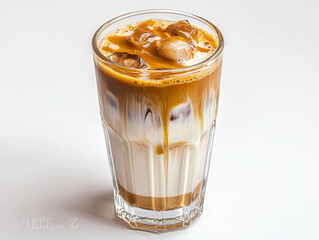 Iced coffee drink with caramel and ice cubes in a glass -ai