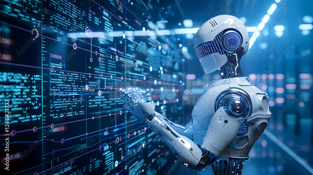 Poster futuristic robot interacting with digital data in a high-tech environment