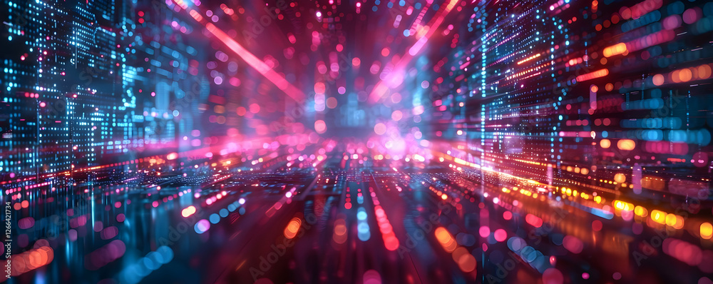 Poster vibrant digital abstract background with colorful light trails and data streams
