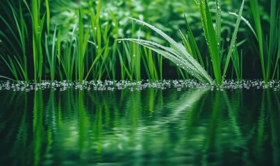 Fototapeta premium Lush green grass emerging from tranquil water, reflecting nature's beauty in a serene environment