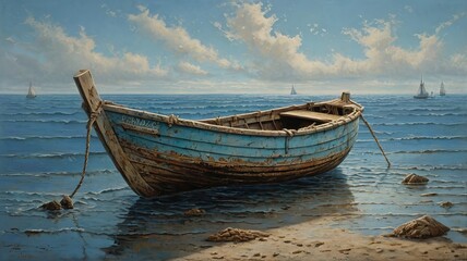 Obraz premium Small and Beautiful Wooden Boat Resting on the Shore by the Ocean 